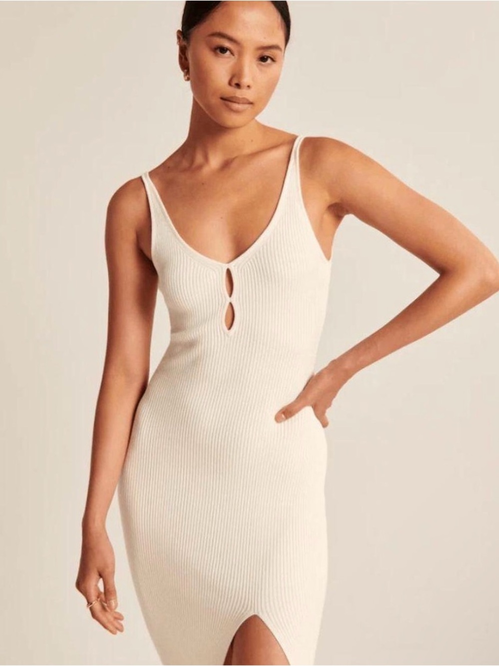 Abercrombie & Fitch Cream Ribbed Midi Dress with Double Keyhole